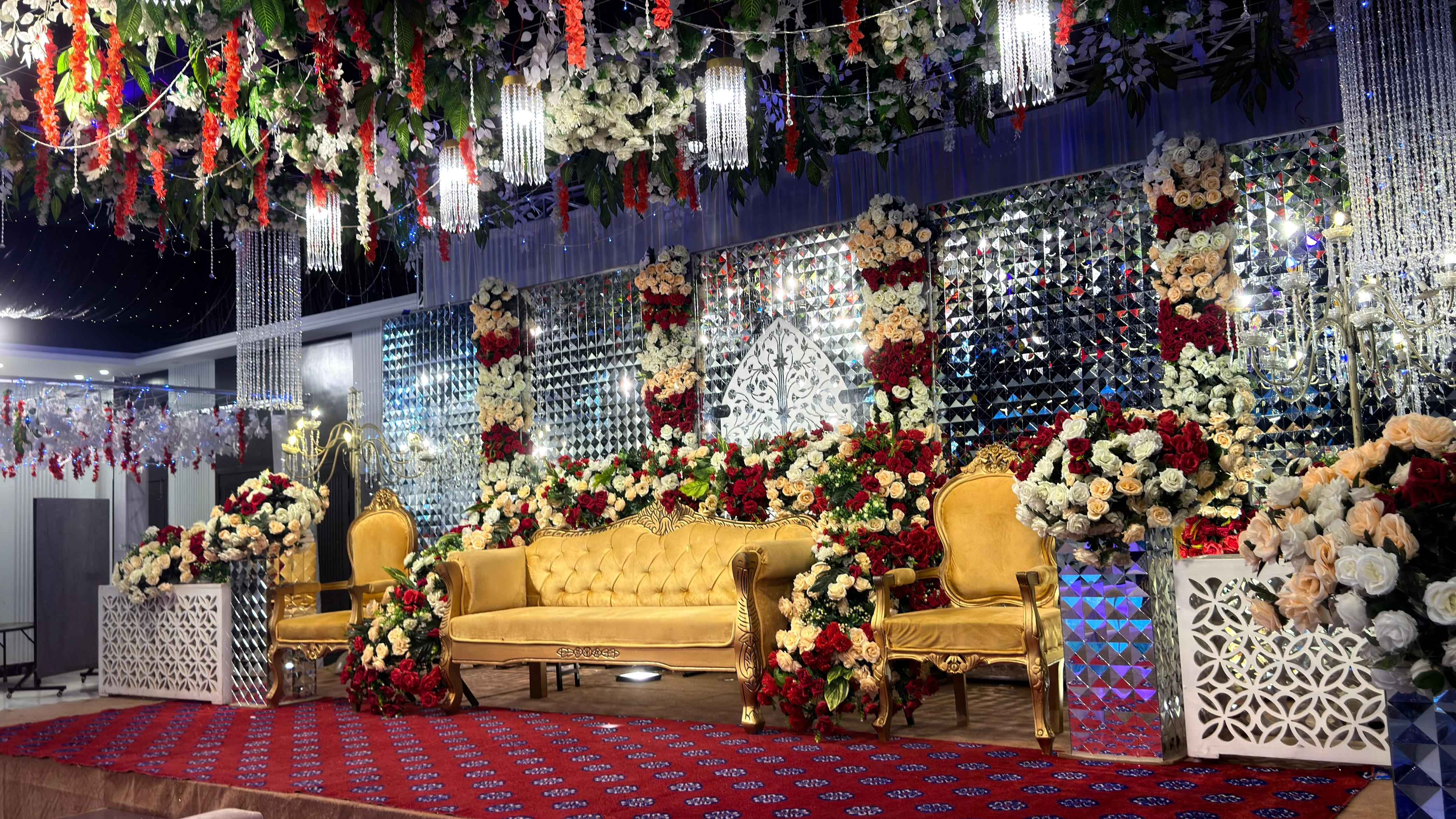 Decorated wedding stage at Gudar Wedding Hall