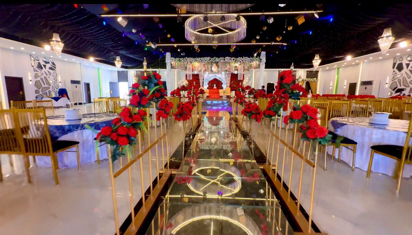 Dining arrangement inside Gudar Wedding Hall